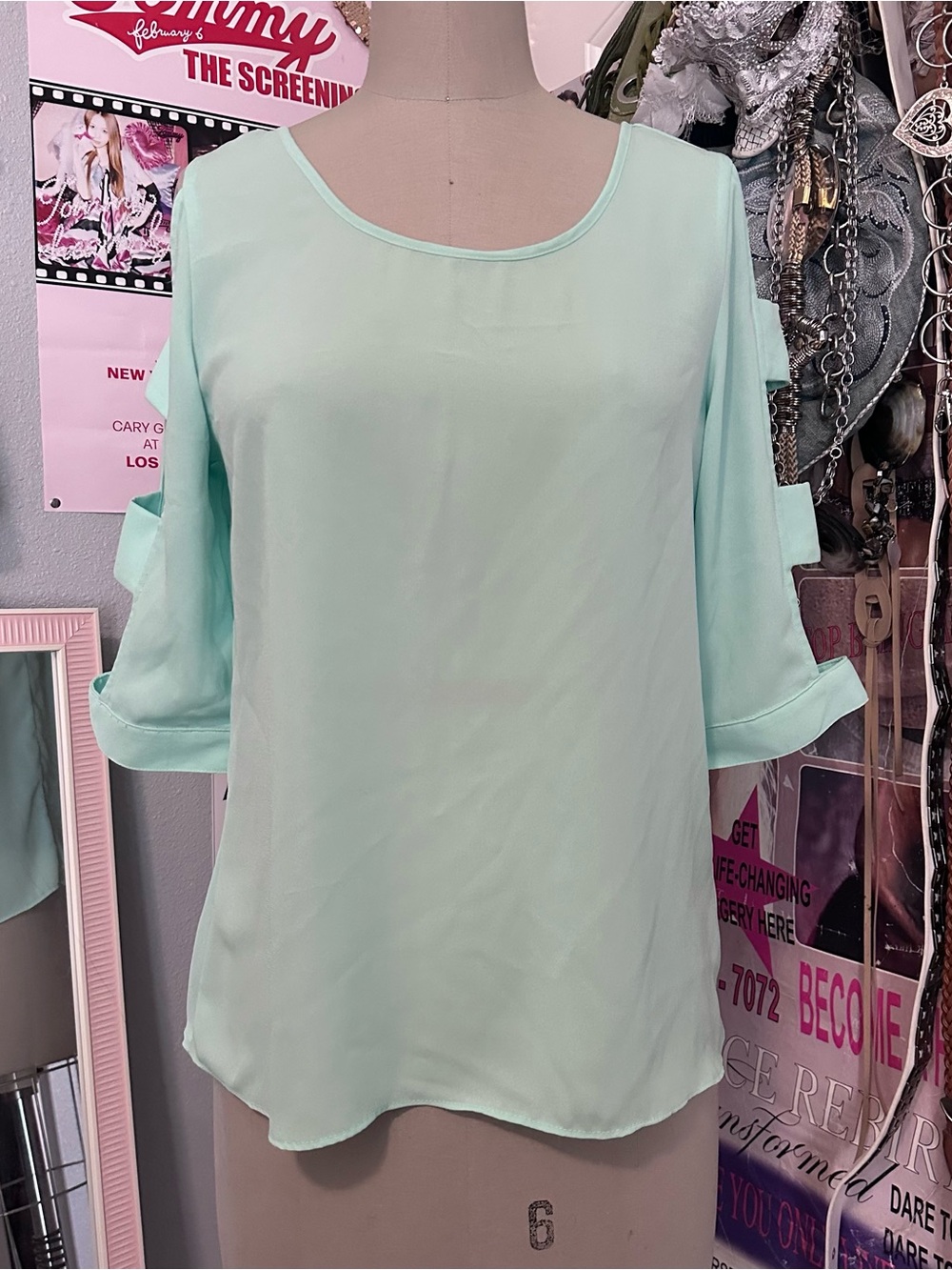 2000’s Iz Byer “Sea” Mint Green Chiffon Blouse with Roll Tab Sleeves